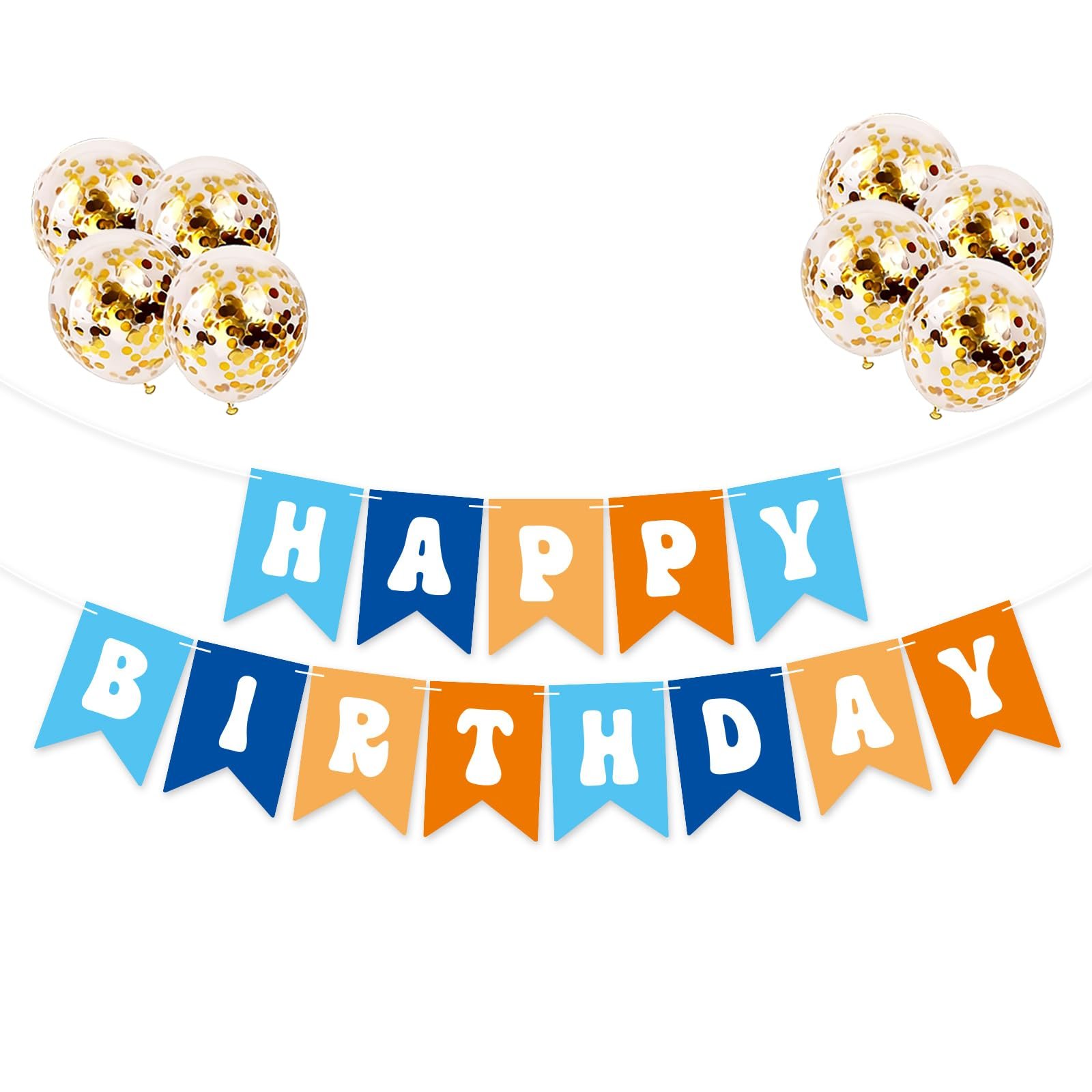 Version 1.0.0 Happy Birthday Banner Sign Bunting Hanging Decorations with 8 Pcs Shiny Gold Balloons Birthday Party Sign Decor for Party Supplies - Image 1