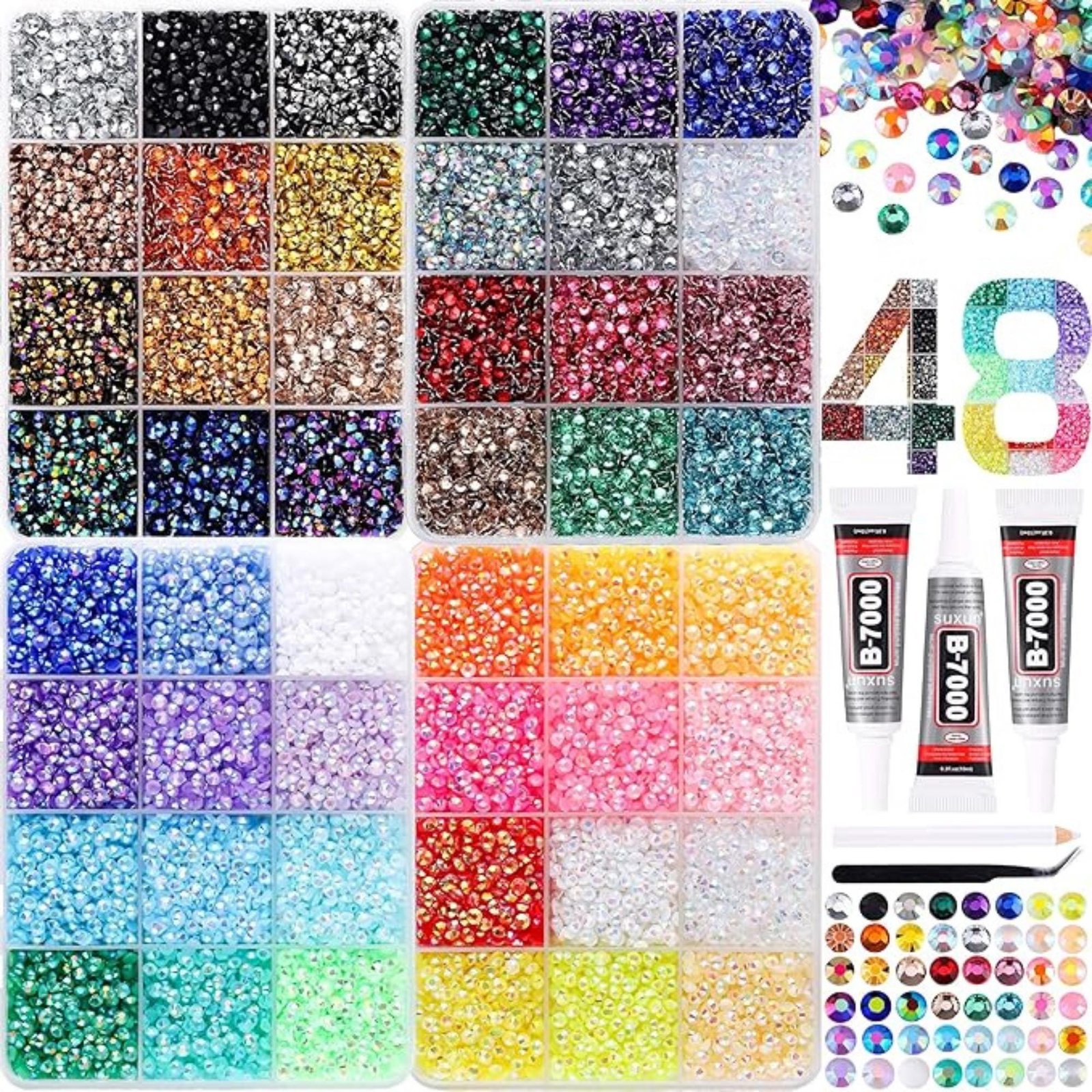il_fullxfull.8078555002_h6pz.jpg 30000PCS Rhinestones for Crafts | 48 Colors Flatback Gems with Glue & Tweezers - Image 1
