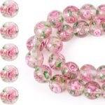 40PCS Gold Sand Lampwork Glass Beads | 10mm Pearl Pink Flower Beads for Jewelry Making