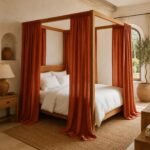 Rust Bed Canopy Curtain | Cotton Four Corner Canopy | Boho Bedroom Drapes | Decorative Bed Valance | Cozy Room Decor