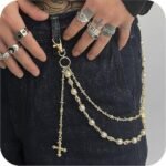 Layered Rhinestone Flower Wallet Chain | Gold Silver Pearl Pants Chain Bag Charm - Image 2