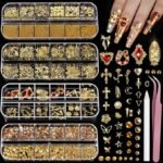 Gold Nail Charms Gems Pearls Kit, 3D Cross Heart Rhinestones Nail Art Decorations