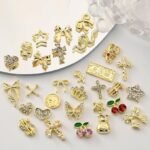 100PCS Gold Nail Charms: Bow, Cherry, Butterfly, Cross, Heart, Star, Flower Designs