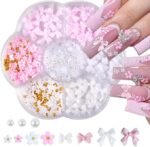 3D Acrylic Flower Bow Nail Charms Kit: Pink, White Pearls, Coquette Nail Art