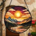 Stained Glass Sunset Landscape Suncatcher Window Hanging Lake and Mountain Panel Decor - Image 2