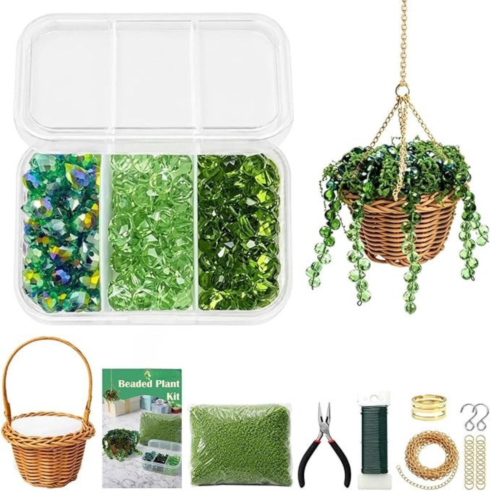 il_fullxfull.8160989981_32zj.jpg Beaded Plant Kit with Green Glass Beads & Rattan Basket | DIY Hanging Suncatcher Plant - Image 1