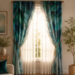Teal Leaf Curtains | Abstract Botanical Window Panels | Modern Gradient Feather Printed Drapes | Light Filtering Curtains