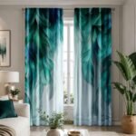 Teal Leaf Curtains | Abstract Botanical Window Panels | Modern Gradient Feather Printed Drapes | Light Filtering Curtains - Image 2