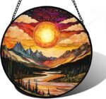 Stained Glass Sunset Landscape Suncatcher Window Hanging Lake and Mountain Panel Decor