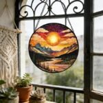 Stained Glass Sunset Landscape Suncatcher Window Hanging Lake and Mountain Panel Decor - Image 3