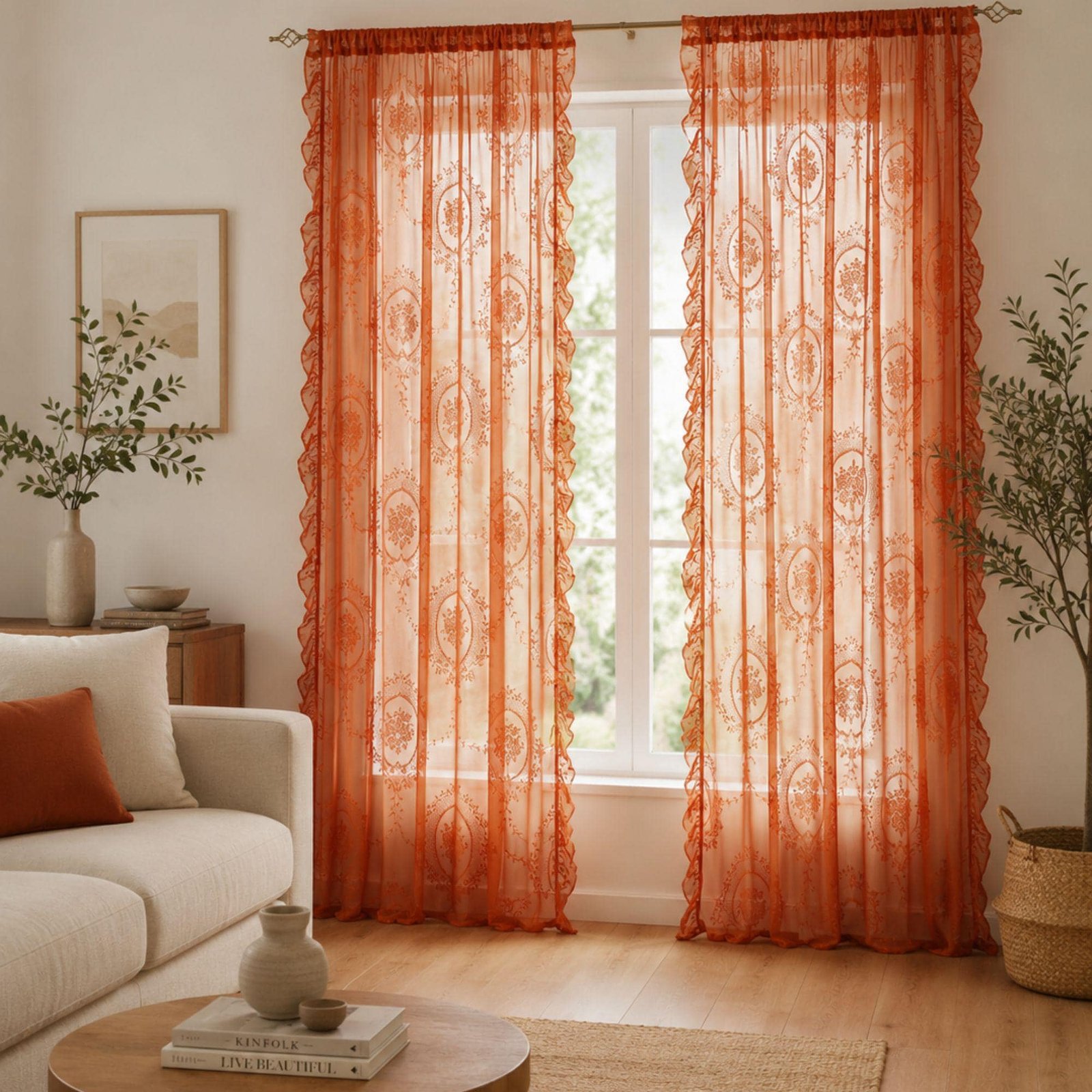 il_fullxfull.8226330915_l2gi.jpg Cassandre Sheer Lace Curtain | Romantic Bedroom & Living Room Drapes | Orange Floral Ruffles | European And American Style - Image 1