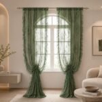 Sage Green Sheer Lace Curtains | Floral Ruffle Window Panels | Cottage core Curtains | French Country Drapes | Shabby Chic Window Treatment