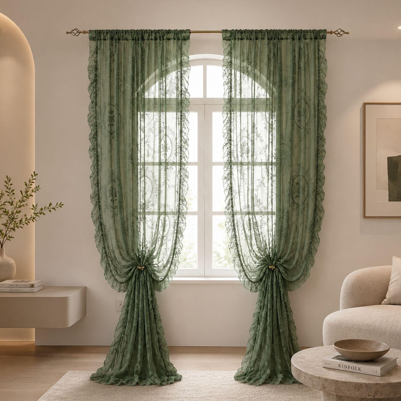 il_fullxfull.8265098026_862i.jpg Sage Green Sheer Lace Curtains | Floral Ruffle Window Panels | Cottage core Curtains | French Country Drapes | Shabby Chic Window Treatment - Image 1