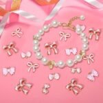 50PCS Pink Bow Charms Enamel Bowknot Pendants for Jewelry Making Bracelet Necklace DIY