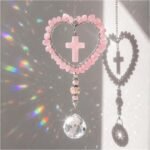 Rose Quartz Cross Crystal Suncatcher Pink Heart Car Charm Window Hanging Home Decor