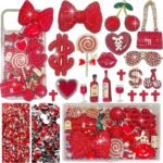 Red Junk Phone Case Charms Kit: Rhinestone, Diamond Bow, Cherry, Lollipop DIY Decor