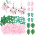 160PCS Flower Leaf Beads: Pink Petal, Green Leaf Charms for Jewelry Making Crafts