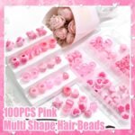 Pink Heart & Flower Hair Beads | Iridescent Acrylic Pony Beads for Braids - Image 2