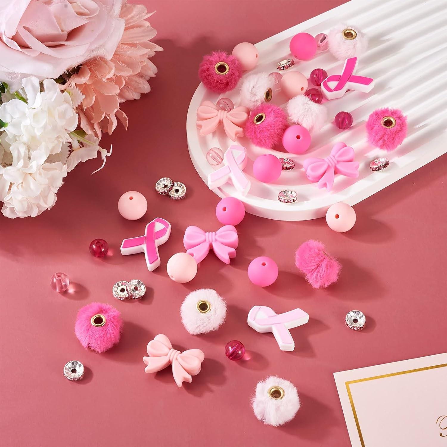 il_fullxfull.8455150776_spsh.jpg 48pcs Pink Bow Silicone Beads | Mink Fur Style European Spacer Beads for DIY Crafts - Image 1