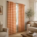 Orange Halloween Curtains | Fall Halloween Window Panels | Orange White Plaid Curtain | Farmhouse Autumn Home Decor - Image 4