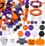 145PCS Halloween Silicone Beads Kit | Pumpkin Skull Ghost Bat Pastel Shapes for DIY Jewelry Crafts